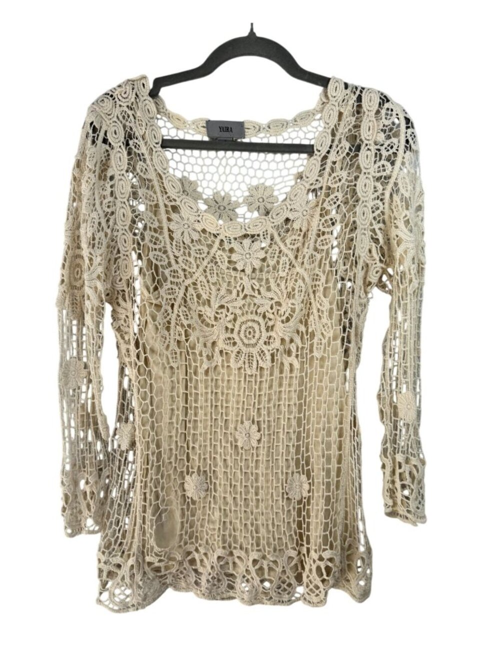 Yaira Beige Crochet Lace Tunic Top Small Floral Pattern 100% Cotton Long Sleeve